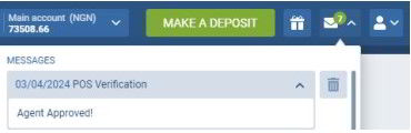 MobCash Messages panel showing PS Verification and Agent Approved status